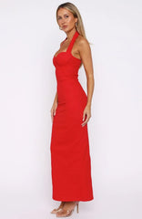 Champagne High Halter Maxi Dress Red