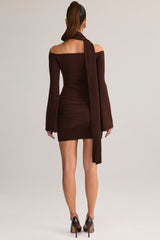 Knit Scarf-Detail Off-Shoulder Mini Dress in Chocolate Brown