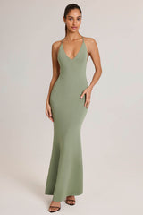 Modal Plunge Backless Maxi Dress in Sage Green