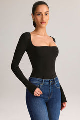 Modal Square-Neck Long-Sleeve Top in Black