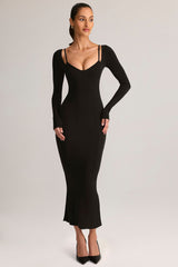 Modal Peekaboo Long-Sleeve Midi Dress in Black