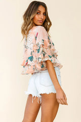 Pure Bliss Flounce Sleeve Frill Crop Top Floral Print Nude