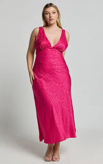 Cohen Midi Dress - Jacquard Satin Midi Dress in Pink
