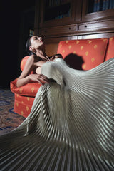 Metallic Pleated Strapless Gown