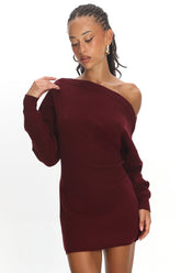 Fremont One-Shoulder Fuzzy Knit Mini Dress Wine