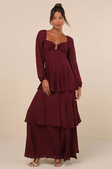 Tier to Enchant Burgundy Long Sleeve Tiered Maxi Dress