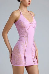 Embellished Halterneck Mini Dress in Violet Pink