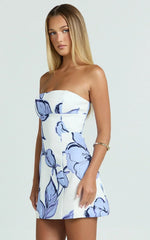 Catharine Mini Dress - Strapless A Line Dress in Blue Floral