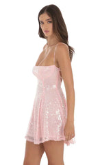 Iridescent Sequin Fit and Flare Dress in Pink