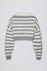 Soft Knit Layered Collar Cropped Jumper in Grey Stripe