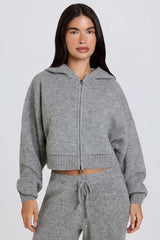 Soft Knit Zip-Up Cropped Hoodie in Grey