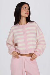 Soft Knit Stripe Cropped Cardigan in Pink Stripe
