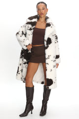 Morganne Faux Fur Waist Tie Coat Animal Print White/Brown
