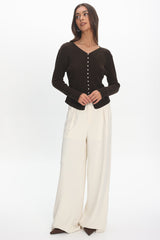 Louiz Button Front Ribbed Knit Cardigan Chocolate