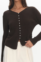 Louiz Button Front Ribbed Knit Cardigan Chocolate