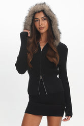 Odetta Fur Collar Knit Top Black