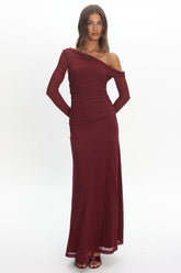 Lylah Asymmetric Neckline Long Sleeve Maxi Dress Mesh Plum