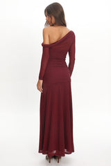 Lylah Asymmetric Neckline Long Sleeve Maxi Dress Mesh Plum