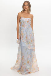 Petrice Asymmetric Layer Maxi Dress Floral Light Blue