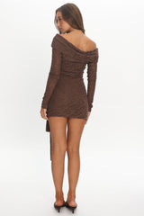 Good Girl Off-Shoulder Long Sleeve Mini Dress Chocolate