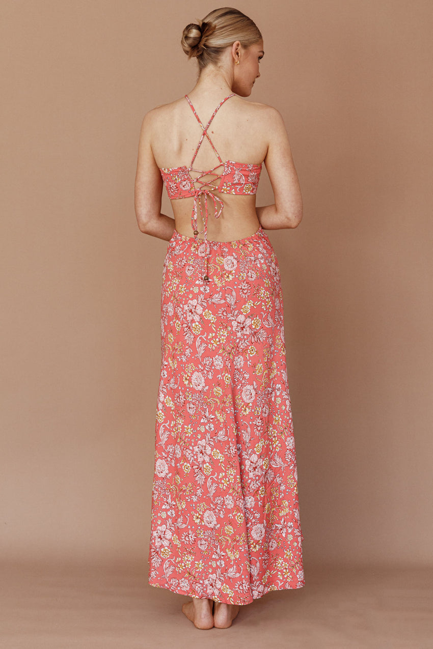Amorcito Cut-Out Waist Midi Dress Floral Red