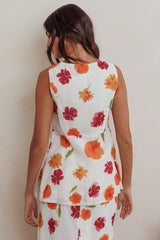 Philomena Button Front Pocket Vest Top Floral Orange Multi