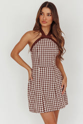 Lady Bow Halterneck Mini Dress Plaid Brown