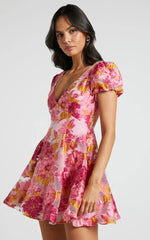 Brailey Jacquard Mini Dress - Puff Sleeve Dress in Pink