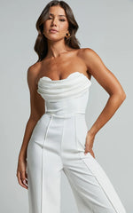 Stacey Jumpsuit - Strapless Cowl Wide Leg Jumpsuit in Off White
