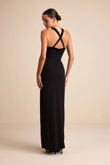 Bisian Black Velvet Bow Backless Apron Maxi Dress