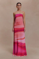 Amaya Strapless Chiffon Maxi Dress - Pink Sunset Print