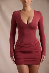 Modal-Cashmere Blend Draped Long-Sleeve Mini Dress in Brick Red