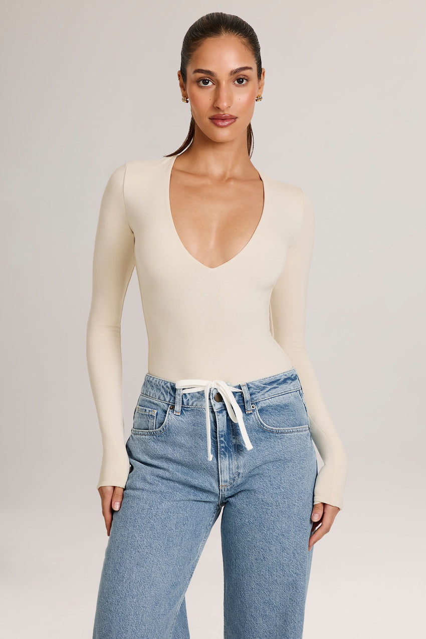 Modal Plunge Long-Sleeve Bodysuit in Ivory