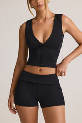 Modal Ribbed Mid-Rise Foldover Shorts in Black