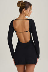 Cut-Out Long-Sleeve Mini Dress in Black