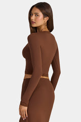 Modal Lace-Trim Cropped Cardigan in Cocoa Brown