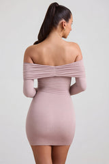 Modal-Cashmere Blend Off-Shoulder Ruched Mini Dress in Taupe