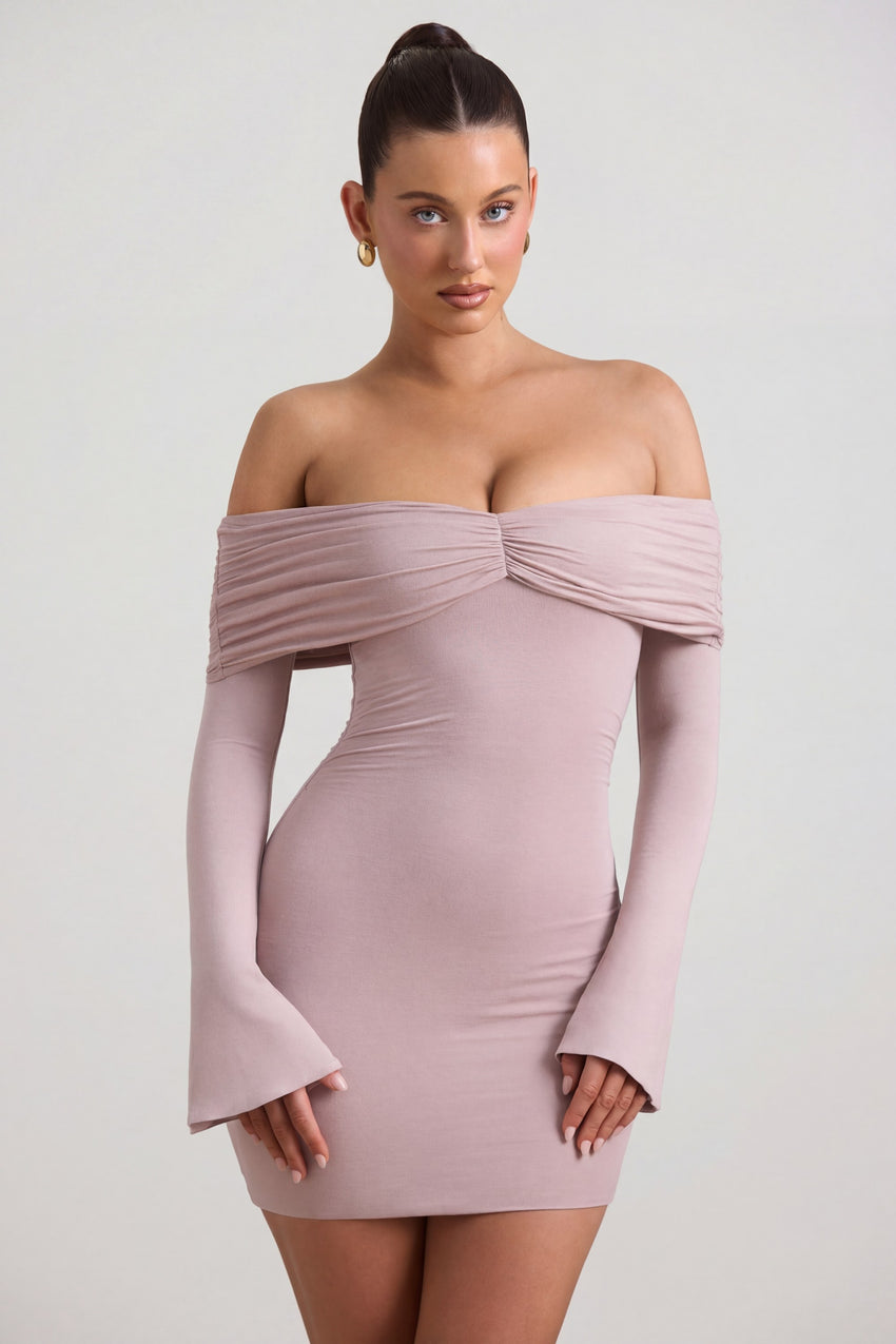 Modal-Cashmere Blend Off-Shoulder Ruched Mini Dress in Taupe