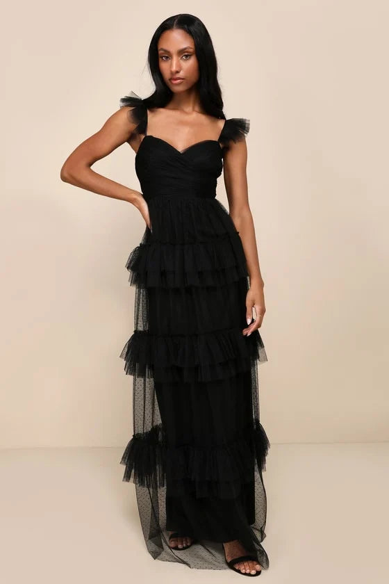 Pure Radiance Black Mesh Swiss Dot Tiered Maxi Dress