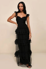 Pure Radiance Black Mesh Swiss Dot Tiered Maxi Dress