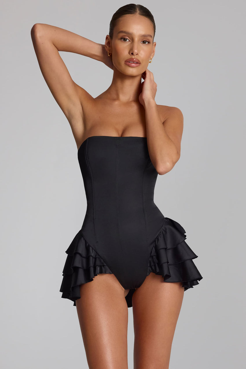 Ruffled Lace-Up Corset Playsuit in Black