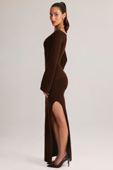 Rib-Knit Boat-Neck Long-Sleeve Maxi Dress in Chocolate Brown