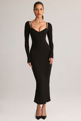 Modal Peekaboo Long-Sleeve Midi Dress in Black
