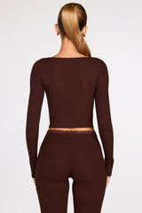 Ribbed Modal Long-Sleeve Laced Bra Top in Chocolate Brown