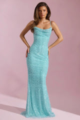Embellished Cowl-Neck Backless Maxi Dress in Aqua Blue
