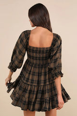 No One Cuter Black and Tan Plaid Puff Sleeve Tiered Mini Dress