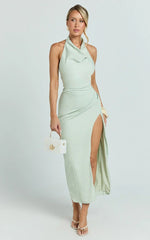Finn Midi Dress - Folded Cowl Halter With Front Leg Split in Sage