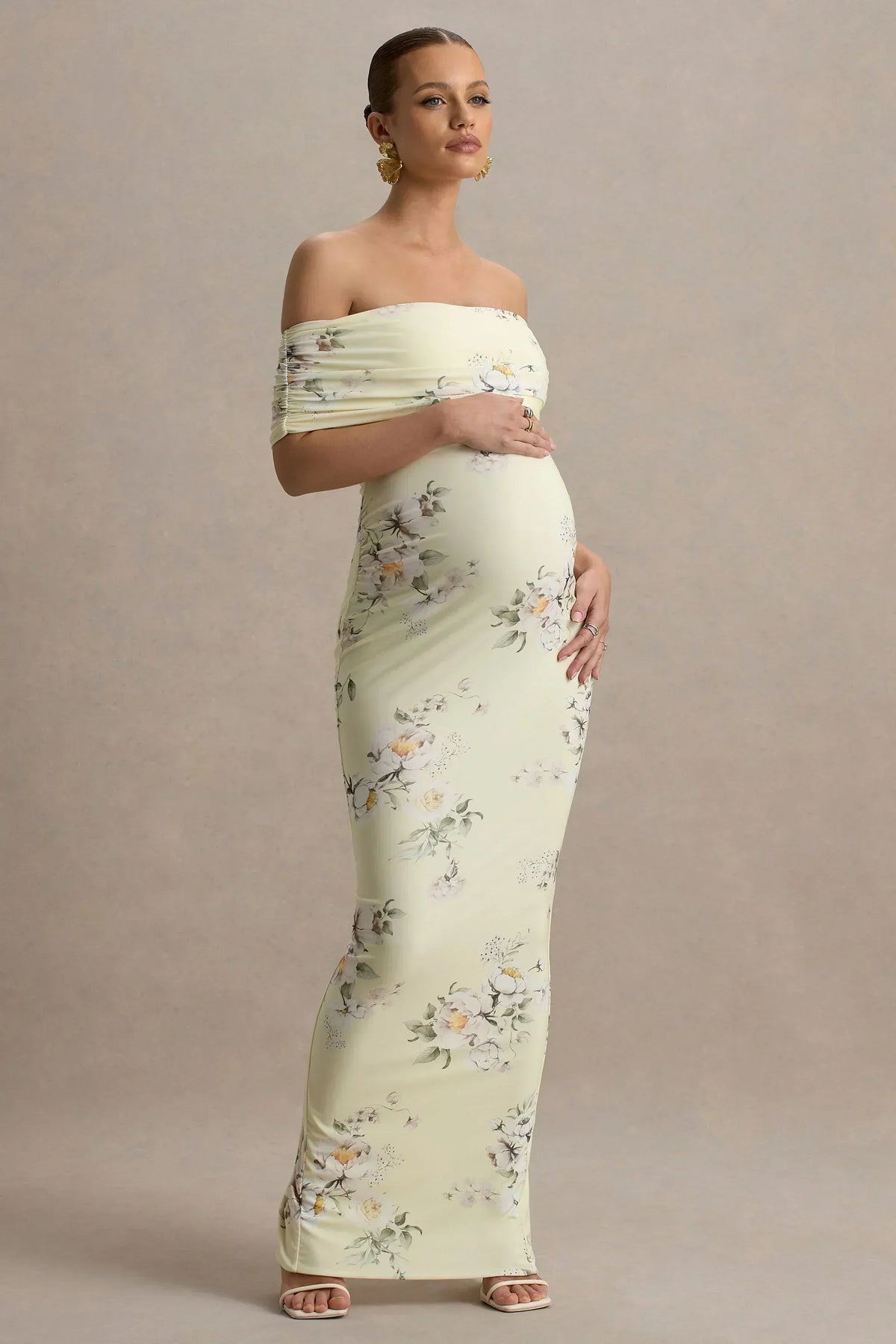 Cindy | Lemon Floral Bouquet Print Bardot-Neck Maternity Maxi Dress With Ruched Detail