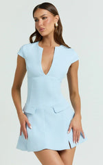 Darius Mini Dress - Cap Sleeve Slit Neck Fit And Flare Dress in Powder Blue