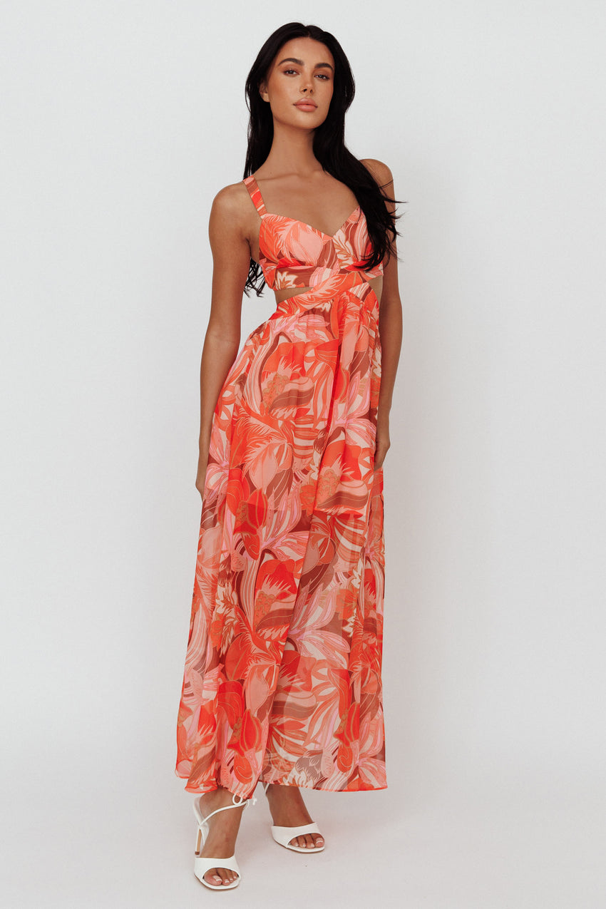 Maura Lace-Up Back Maxi Dress Floral Red